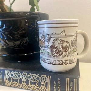 Vintage Oklahoma Ceramic Mug Etched Heritage Image Bison Beige with Brown Trim